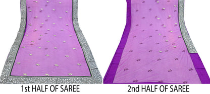Indian Vintage Heavy Sari Purple Net/Mesh Hand Embroidered Sarees Craft Fabric 6Yd Sewing Soft Zardozi Wedding sarees With Blouse fabric