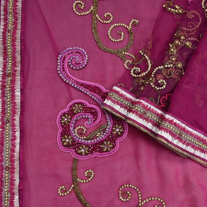 Indian Vintage Heavy Sari Pink Net/Georgette Silk Hand Embroidered Sarees Craft Fabric 6Yd Sewing Soft Wedding sarees With Blouse fabric