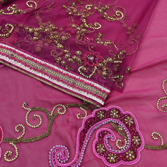 Indian Vintage Heavy Sari Pink Net/Georgette Silk Hand Embroidered Sarees Craft Fabric 6Yd Sewing Soft Wedding sarees With Blouse fabric