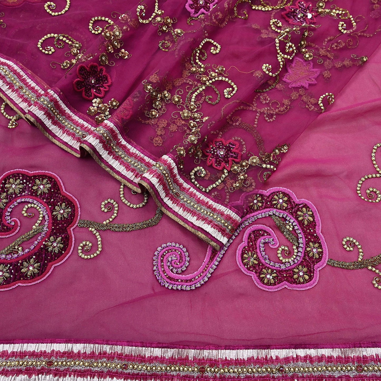 Indian Vintage Heavy Sari Pink Net/Georgette Silk Hand Embroidered Sarees Craft Fabric 6Yd Sewing Soft Wedding sarees With Blouse fabric