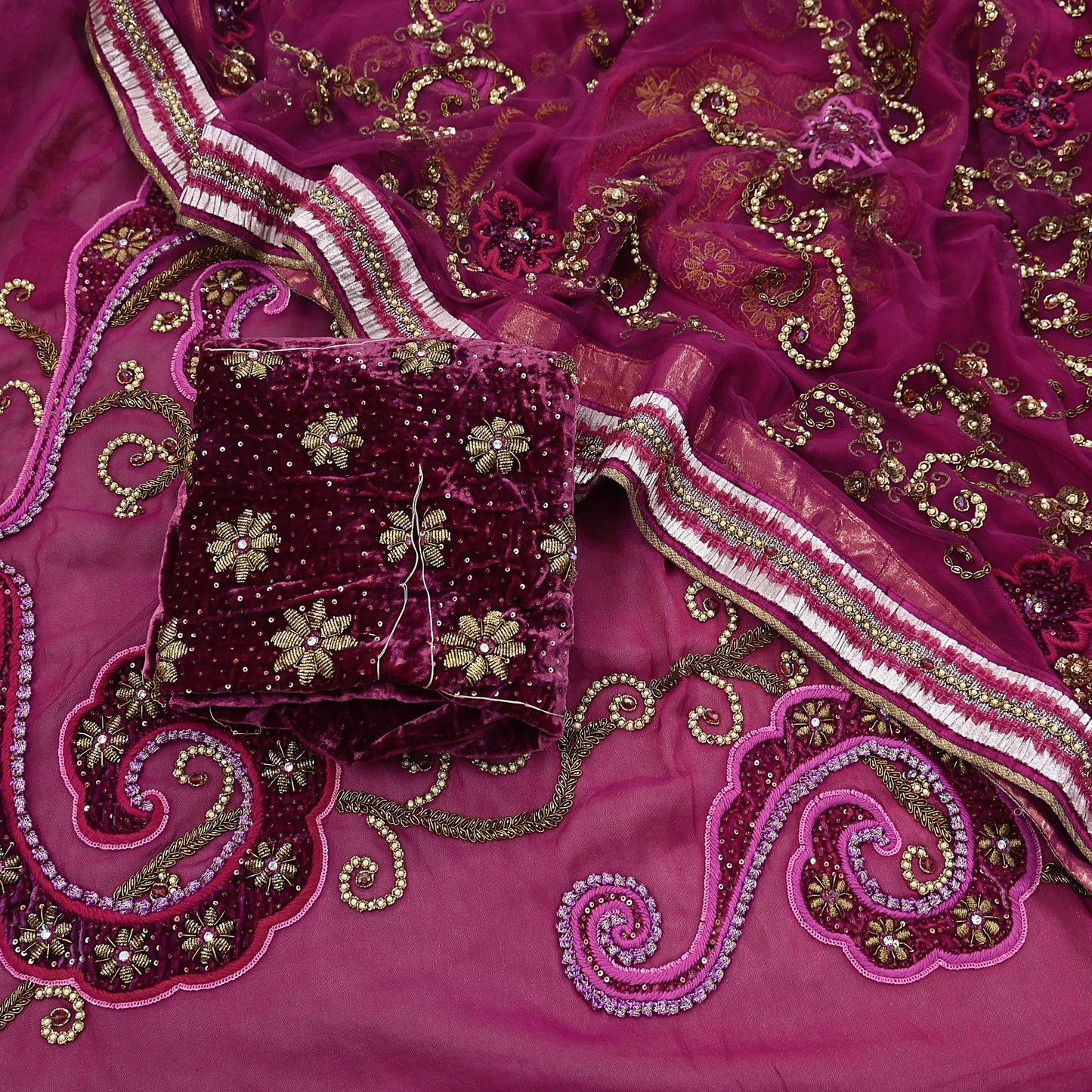 Indian Vintage Heavy Sari Pink Net/Georgette Silk Hand Embroidered Sarees Craft Fabric 6Yd Sewing Soft Wedding sarees With Blouse fabric