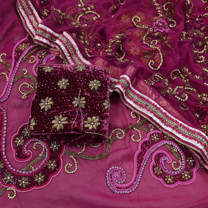 Indian Vintage Heavy Sari Pink Net/Georgette Silk Hand Embroidered Sarees Craft Fabric 6Yd Sewing Soft Wedding sarees With Blouse fabric