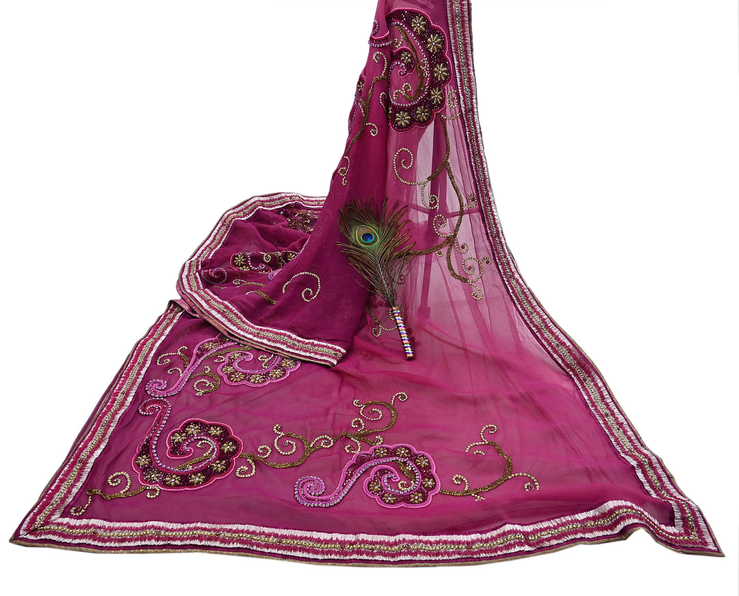 Indian Vintage Heavy Sari Pink Net/Georgette Silk Hand Embroidered Sarees Craft Fabric 6Yd Sewing Soft Wedding sarees With Blouse fabric