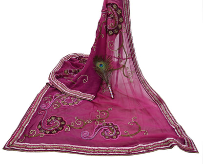 Indian Vintage Heavy Sari Pink Net/Georgette Silk Hand Embroidered Sarees Craft Fabric 6Yd Sewing Soft Wedding sarees With Blouse fabric