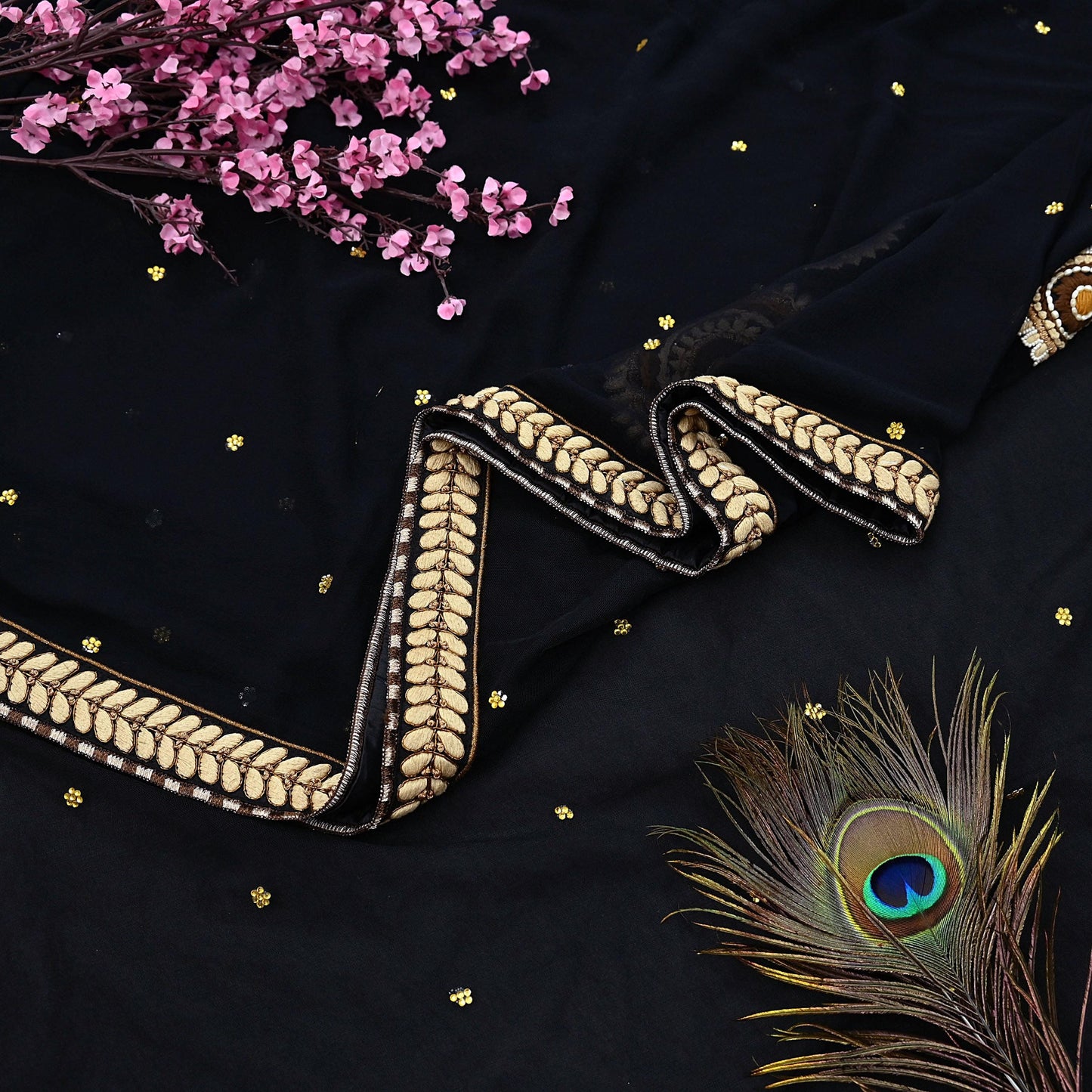 Indian Pre-owned Saree Black Pure Georgette Silk & Net Hand Embroidered Sabyasachi Designer Sari 6Yd Soft Ethnic Bollywood Party saree