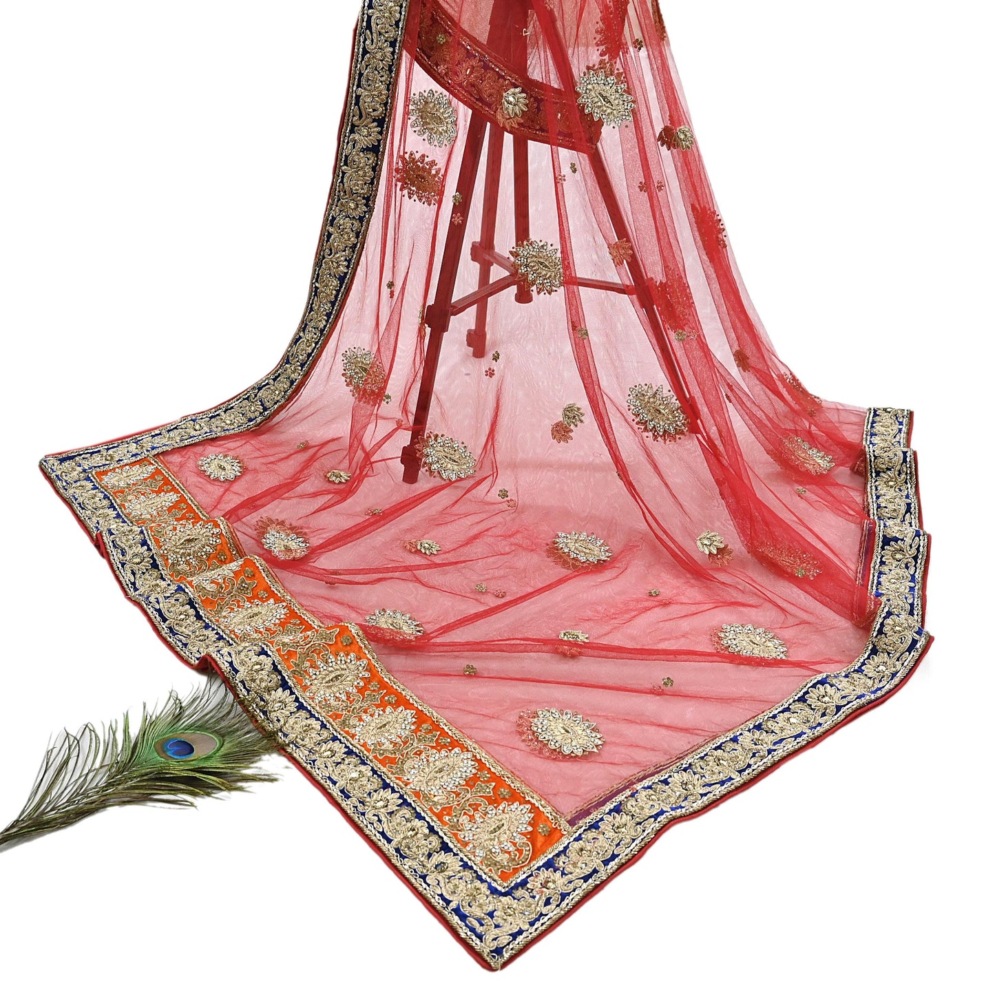 Indian Vintage Heavy Bridal Red Dupatta Net Mesh Long Stole Hand Embroidered Scarves Golden Zardozi Dabka Zari Sequins Wedding Veil Hijab