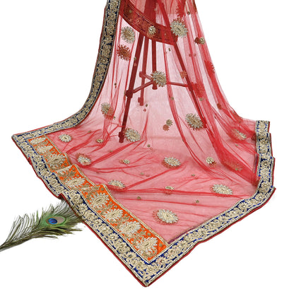 Indian Vintage Heavy Bridal Red Dupatta Net Mesh Long Stole Hand Embroidered Scarves Golden Zardozi Dabka Zari Sequins Wedding Veil Hijab