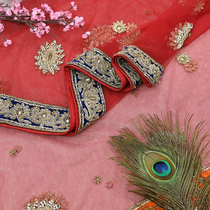 Indian Vintage Heavy Bridal Red Dupatta Net Mesh Long Stole Hand Embroidered Scarves Golden Zardozi Dabka Zari Sequins Wedding Veil Hijab