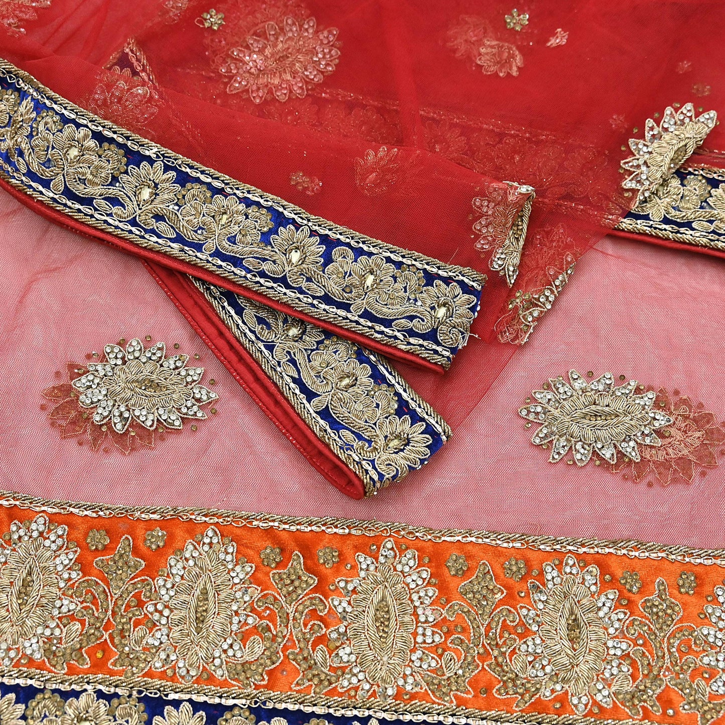 Indian Vintage Heavy Bridal Red Dupatta Net Mesh Long Stole Hand Embroidered Scarves Golden Zardozi Dabka Zari Sequins Wedding Veil Hijab