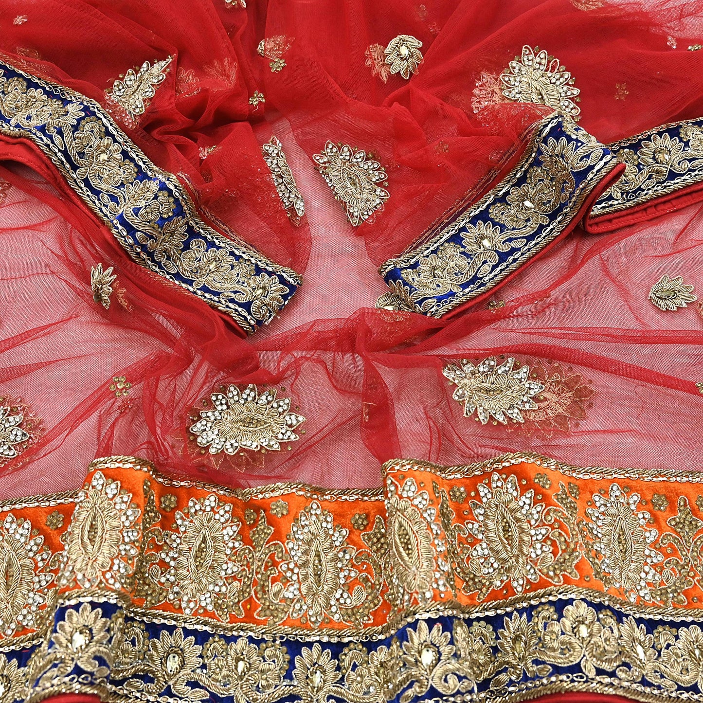 Indian Vintage Heavy Bridal Red Dupatta Net Mesh Long Stole Hand Embroidered Scarves Golden Zardozi Dabka Zari Sequins Wedding Veil Hijab