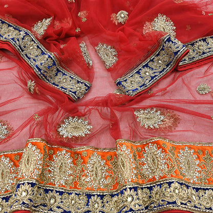 Indian Vintage Heavy Bridal Red Dupatta Net Mesh Long Stole Hand Embroidered Scarves Golden Zardozi Dabka Zari Sequins Wedding Veil Hijab