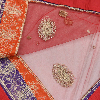 Indian Vintage Heavy Bridal Red Dupatta Net Mesh Long Stole Hand Embroidered Scarves Golden Zardozi Dabka Zari Sequins Wedding Veil Hijab