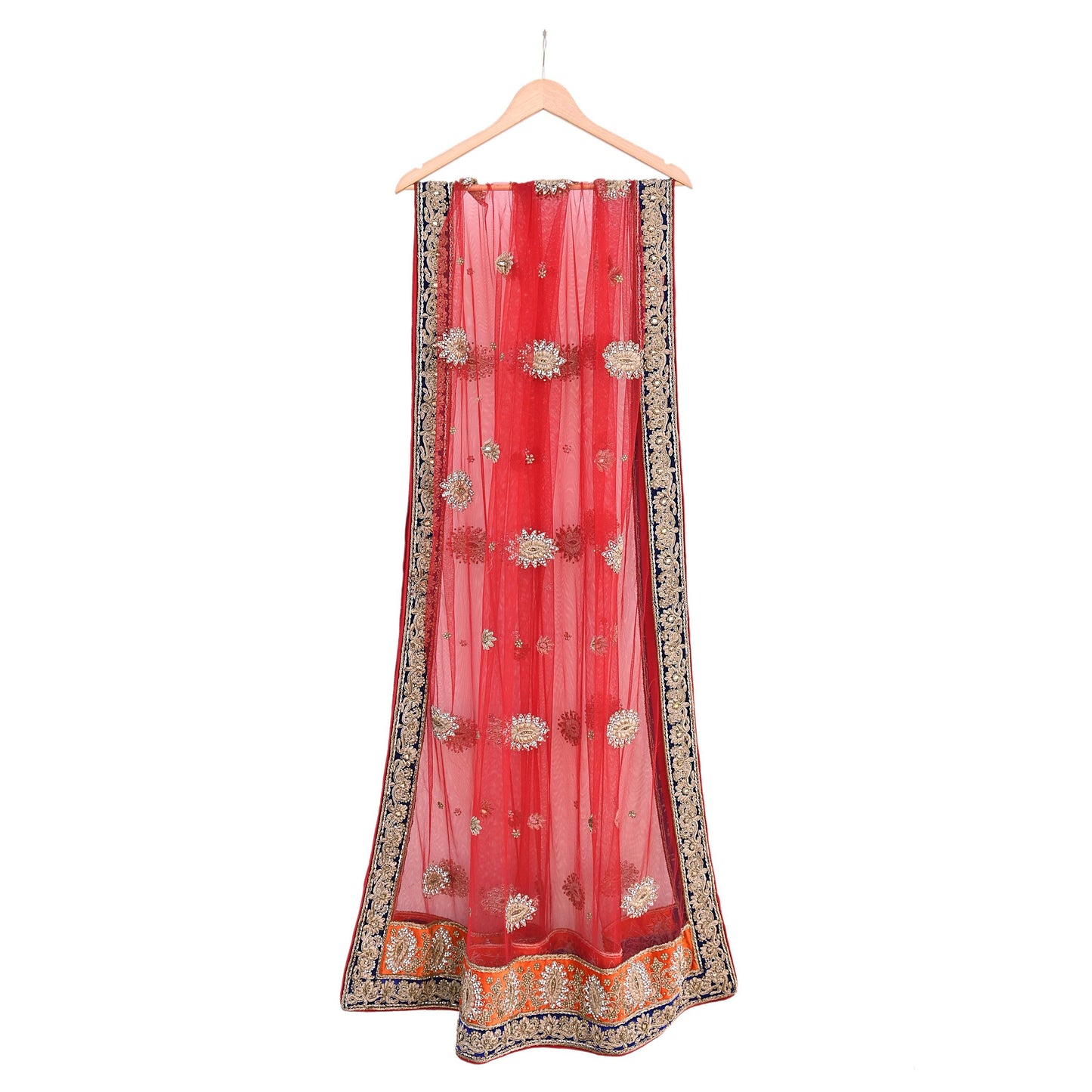 Indian Vintage Heavy Bridal Red Dupatta Net Mesh Long Stole Hand Embroidered Scarves Golden Zardozi Dabka Zari Sequins Wedding Veil Hijab