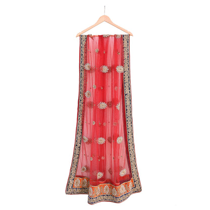 Indian Vintage Heavy Bridal Red Dupatta Net Mesh Long Stole Hand Embroidered Scarves Golden Zardozi Dabka Zari Sequins Wedding Veil Hijab