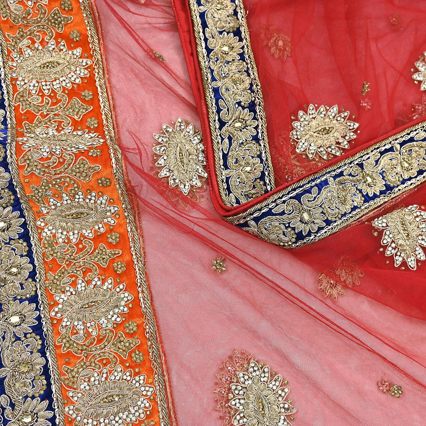 Indian Vintage Heavy Bridal Red Dupatta Net Mesh Long Stole Hand Embroidered Scarves Golden Zardozi Dabka Zari Sequins Wedding Veil Hijab