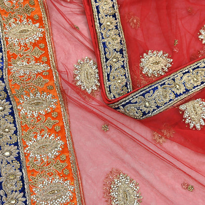 Indian Vintage Heavy Bridal Red Dupatta Net Mesh Long Stole Hand Embroidered Scarves Golden Zardozi Dabka Zari Sequins Wedding Veil Hijab