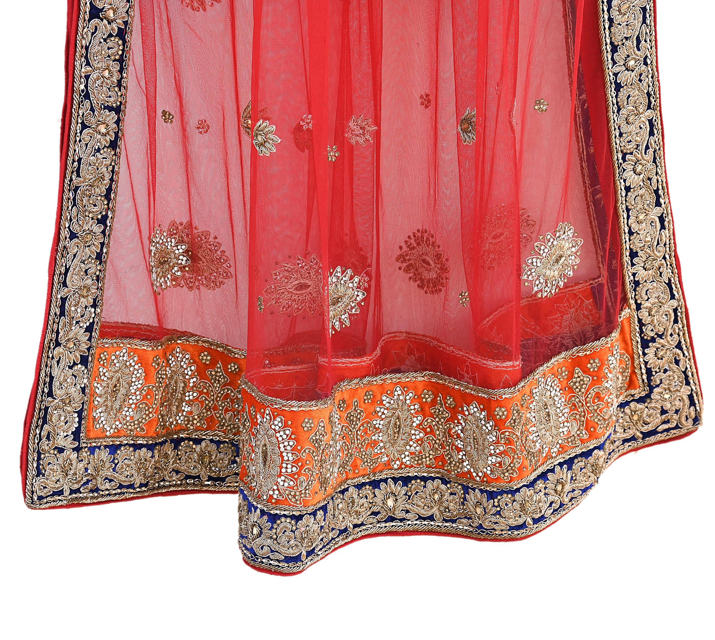 Indian Vintage Heavy Bridal Red Dupatta Net Mesh Long Stole Hand Embroidered Scarves Golden Zardozi Dabka Zari Sequins Wedding Veil Hijab