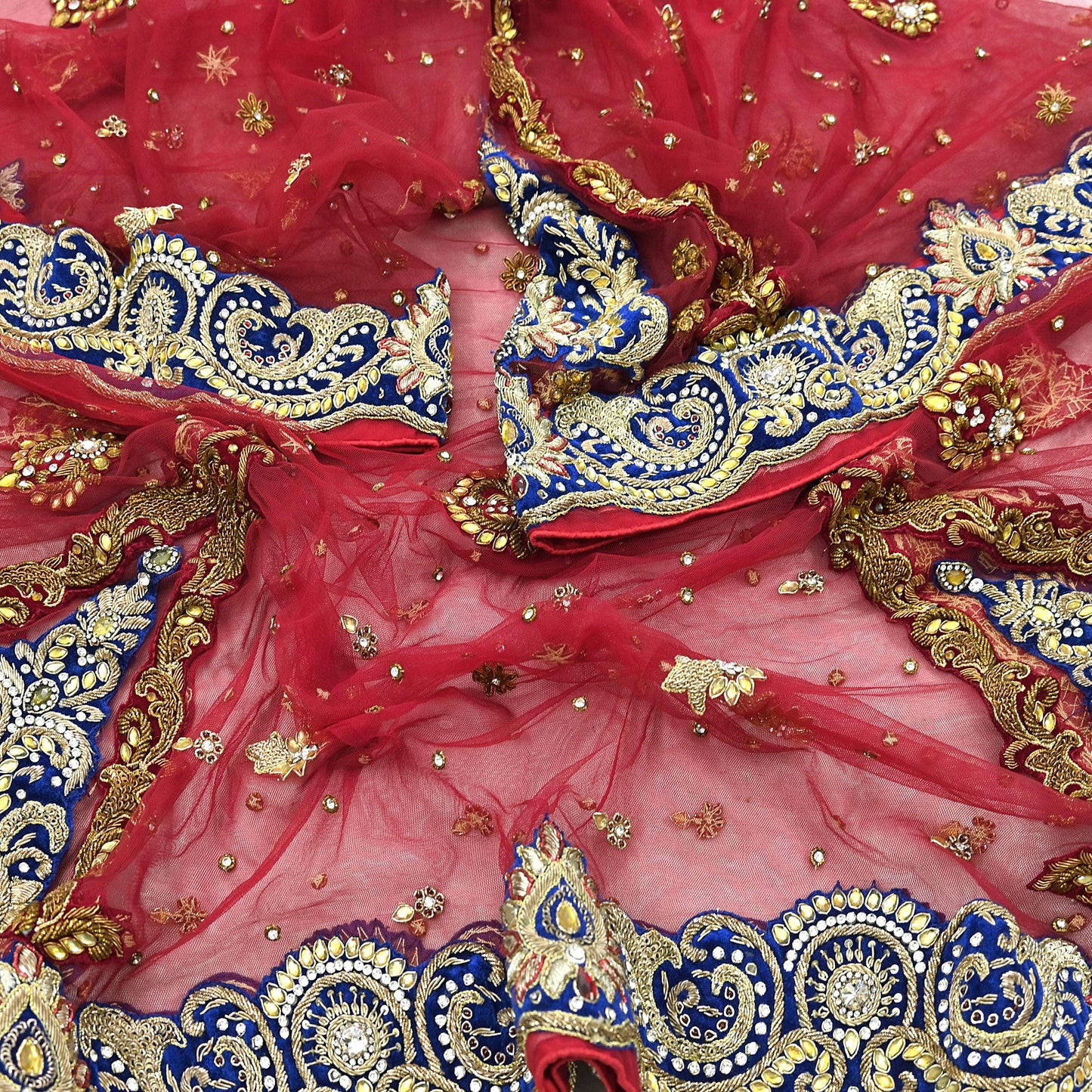 Indian Vintage Heavy Bridal Red Dupatta Net Mesh Long Stole Hand Embroidered Scarves Golden Zardozi Dabka Zari Sequins Wedding Veil Hijab