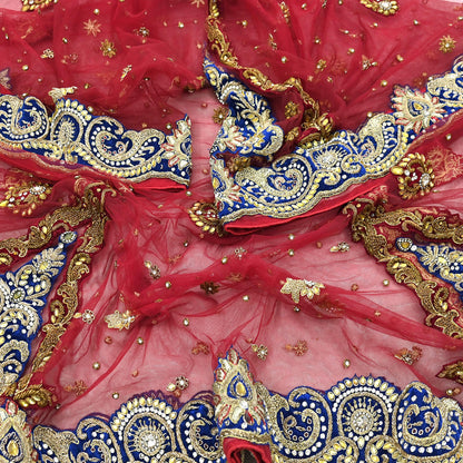 Indian Vintage Heavy Bridal Red Dupatta Net Mesh Long Stole Hand Embroidered Scarves Golden Zardozi Dabka Zari Sequins Wedding Veil Hijab