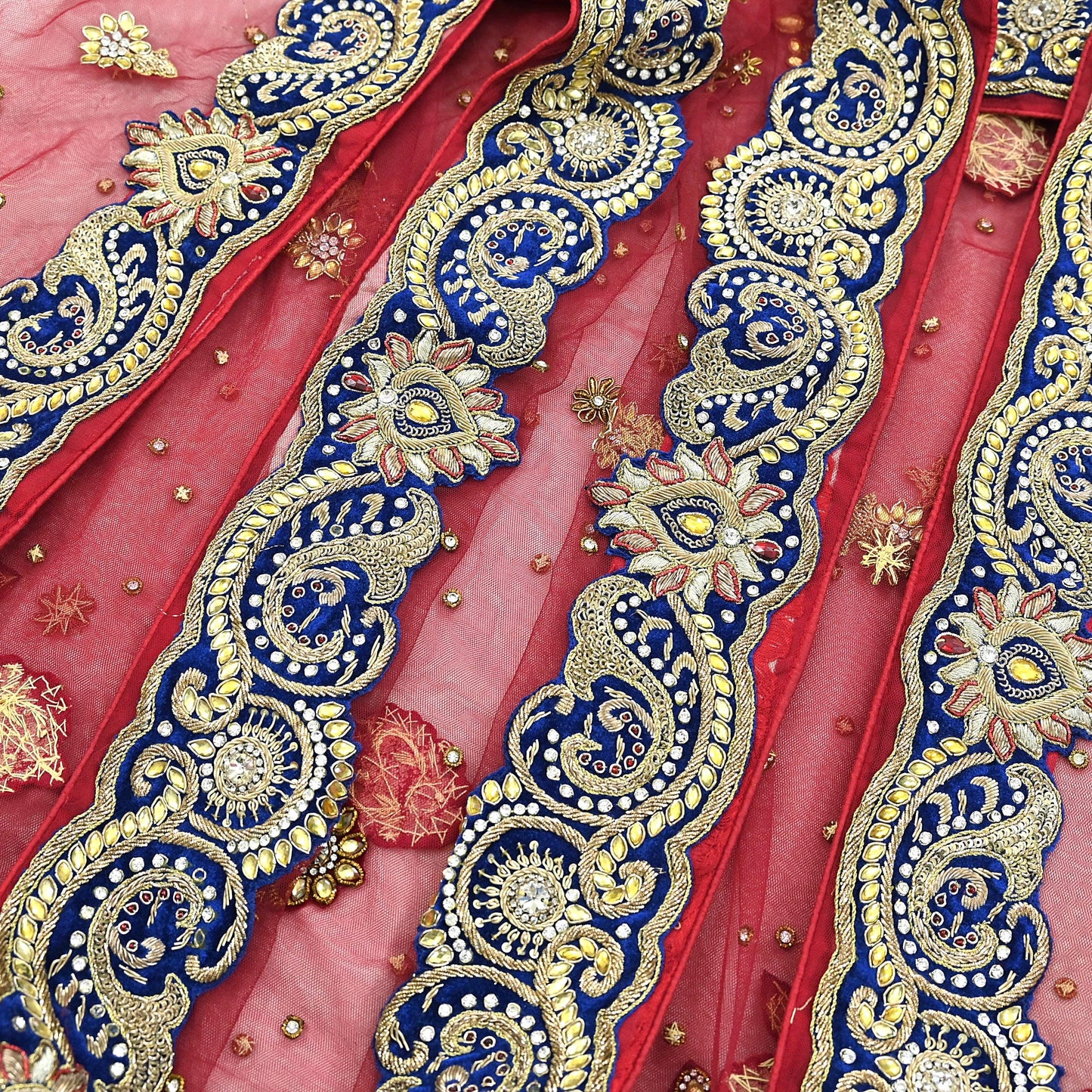 Indian Vintage Heavy Bridal Red Dupatta Net Mesh Long Stole Hand Embroidered Scarves Golden Zardozi Dabka Zari Sequins Wedding Veil Hijab