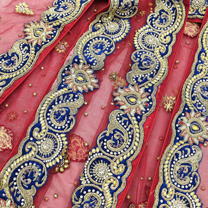 Indian Vintage Heavy Bridal Red Dupatta Net Mesh Long Stole Hand Embroidered Scarves Golden Zardozi Dabka Zari Sequins Wedding Veil Hijab