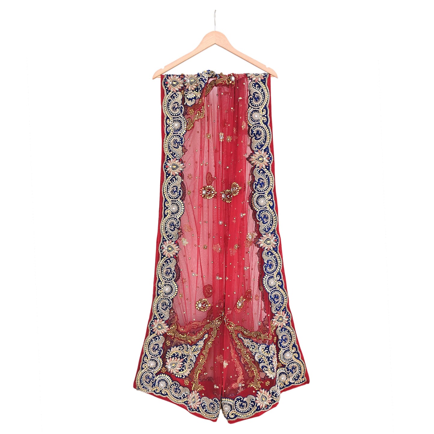 Indian Vintage Heavy Bridal Red Dupatta Net Mesh Long Stole Hand Embroidered Scarves Golden Zardozi Dabka Zari Sequins Wedding Veil Hijab