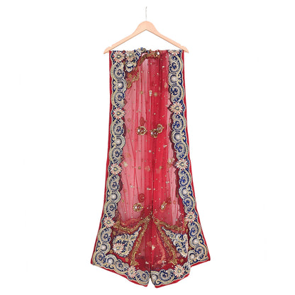 Indian Vintage Heavy Bridal Red Dupatta Net Mesh Long Stole Hand Embroidered Scarves Golden Zardozi Dabka Zari Sequins Wedding Veil Hijab