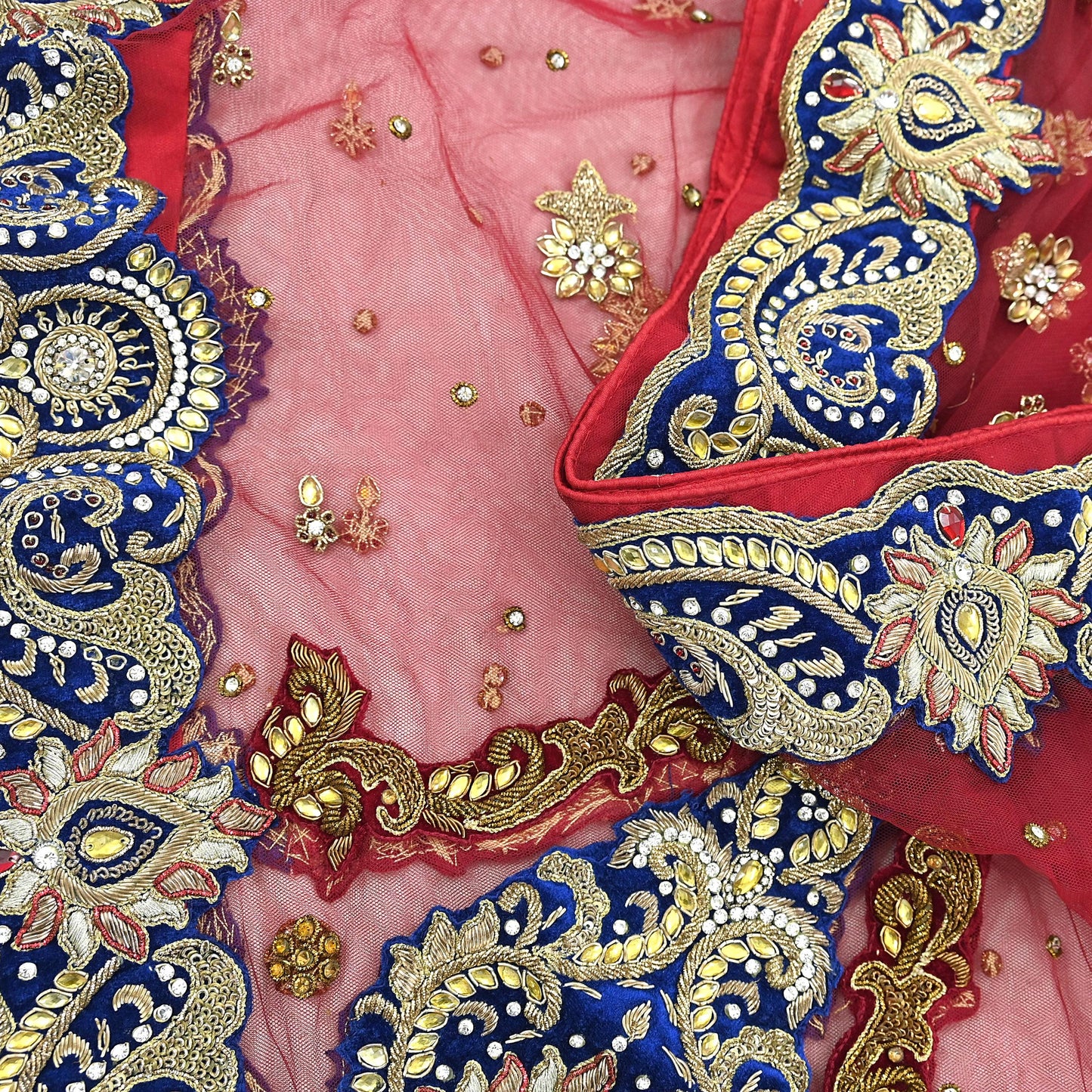 Indian Vintage Heavy Bridal Red Dupatta Net Mesh Long Stole Hand Embroidered Scarves Golden Zardozi Dabka Zari Sequins Wedding Veil Hijab