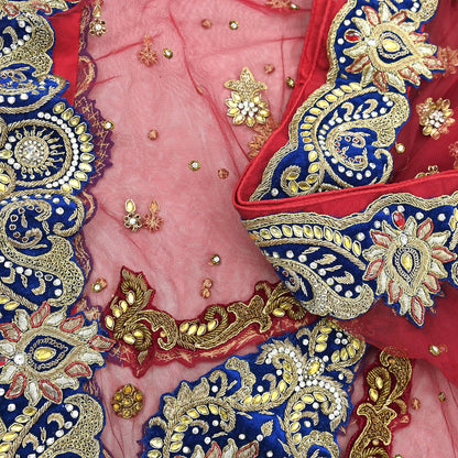 Indian Vintage Heavy Bridal Red Dupatta Net Mesh Long Stole Hand Embroidered Scarves Golden Zardozi Dabka Zari Sequins Wedding Veil Hijab