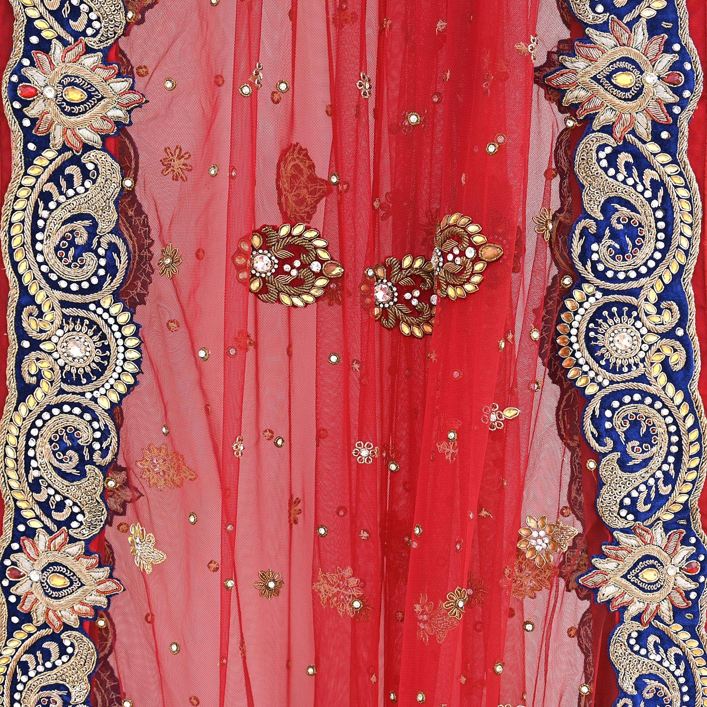 Indian Vintage Heavy Bridal Red Dupatta Net Mesh Long Stole Hand Embroidered Scarves Golden Zardozi Dabka Zari Sequins Wedding Veil Hijab