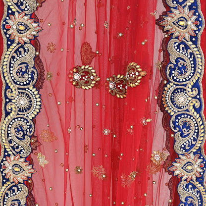 Indian Vintage Heavy Bridal Red Dupatta Net Mesh Long Stole Hand Embroidered Scarves Golden Zardozi Dabka Zari Sequins Wedding Veil Hijab