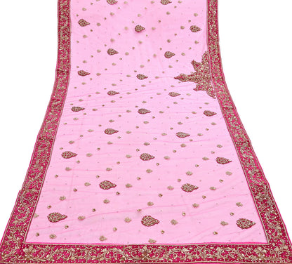 Indian Vintage Heavy Pink Dupatta Net Mesh Long Stole Hand Embroidered Scarves Golden Zardozi Dabka Zari Stole Bridal/ Wedding veil