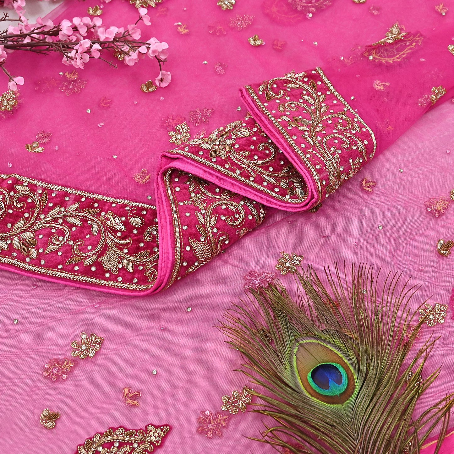 Indian Vintage Heavy Pink Dupatta Net Mesh Long Stole Hand Embroidered Scarves Golden Zardozi Dabka Zari Stole Bridal/ Wedding veil