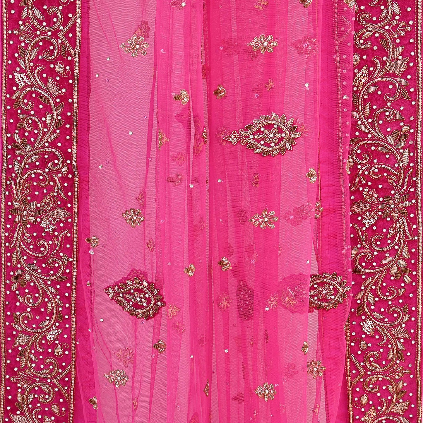 Indian Vintage Heavy Pink Dupatta Net Mesh Long Stole Hand Embroidered Scarves Golden Zardozi Dabka Zari Stole Bridal/ Wedding veil