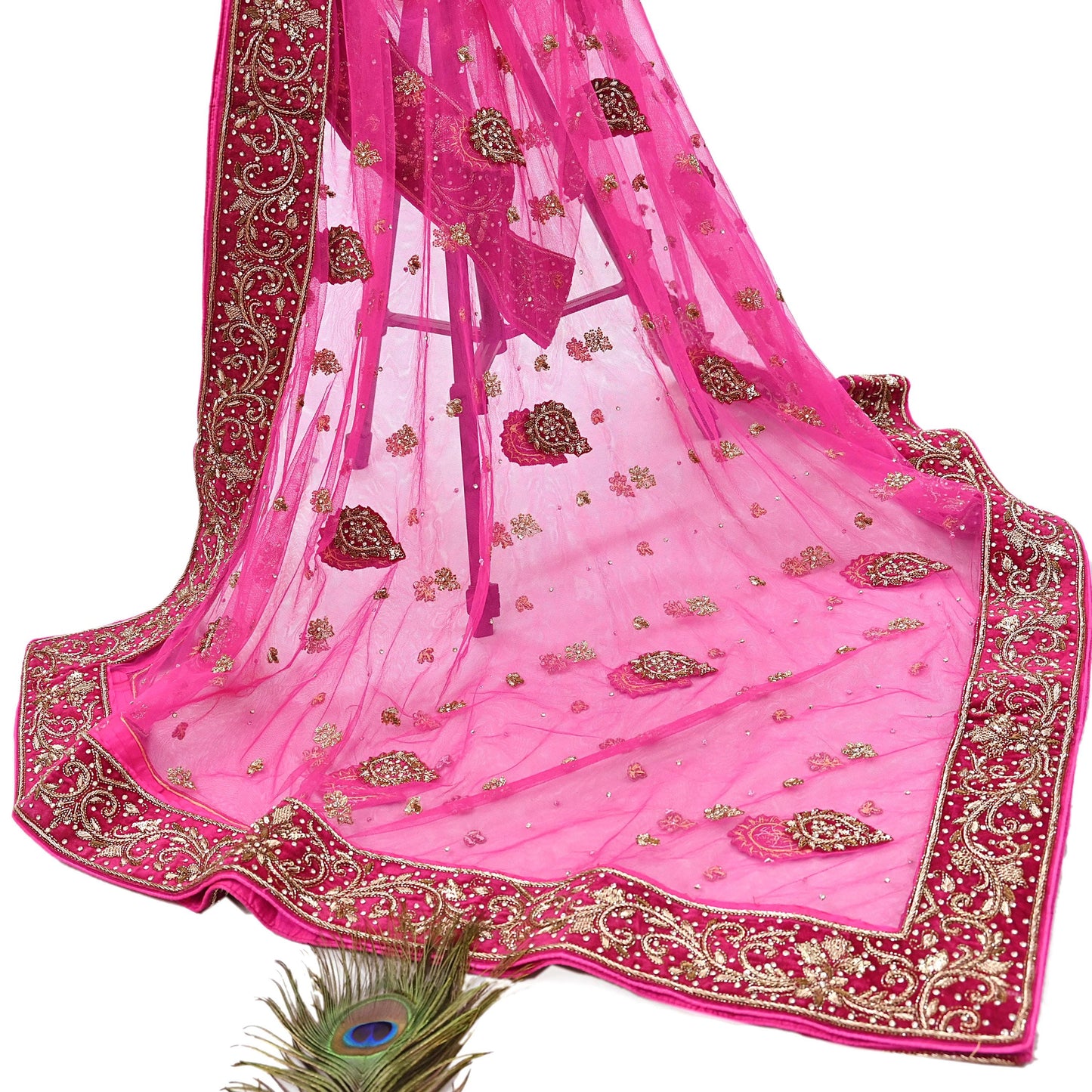 Indian Vintage Heavy Pink Dupatta Net Mesh Long Stole Hand Embroidered Scarves Golden Zardozi Dabka Zari Stole Bridal/ Wedding veil