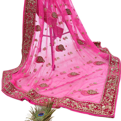 Indian Vintage Heavy Pink Dupatta Net Mesh Long Stole Hand Embroidered Scarves Golden Zardozi Dabka Zari Stole Bridal/ Wedding veil