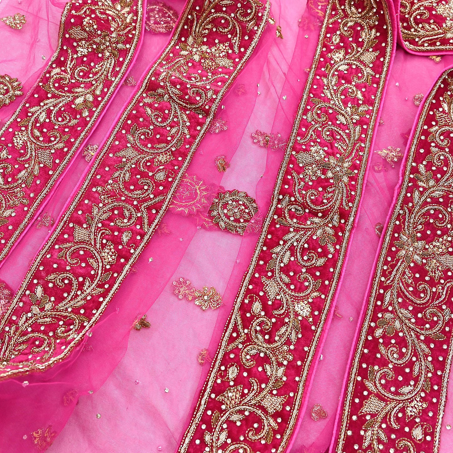Indian Vintage Heavy Pink Dupatta Net Mesh Long Stole Hand Embroidered Scarves Golden Zardozi Dabka Zari Stole Bridal/ Wedding veil