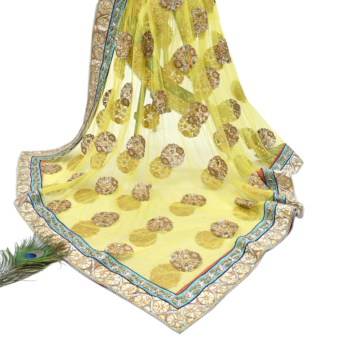 Indian Heavy Wedding Dupatta Lemon Green Net Long Stole Hand Embroidered By Designer Sabyasachi Scarves Zardozi Bridal Veil