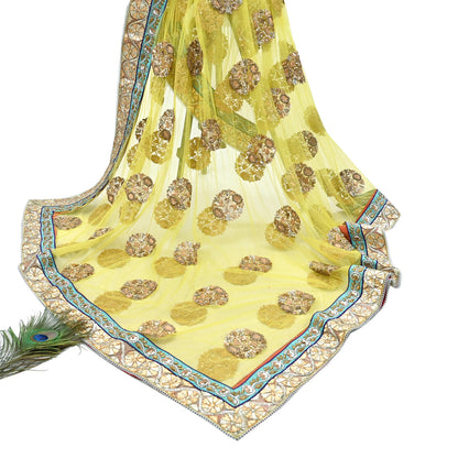 Indian Heavy Wedding Dupatta Lemon Green Net Long Stole Hand Embroidered By Designer Sabyasachi Scarves Zardozi Bridal Veil