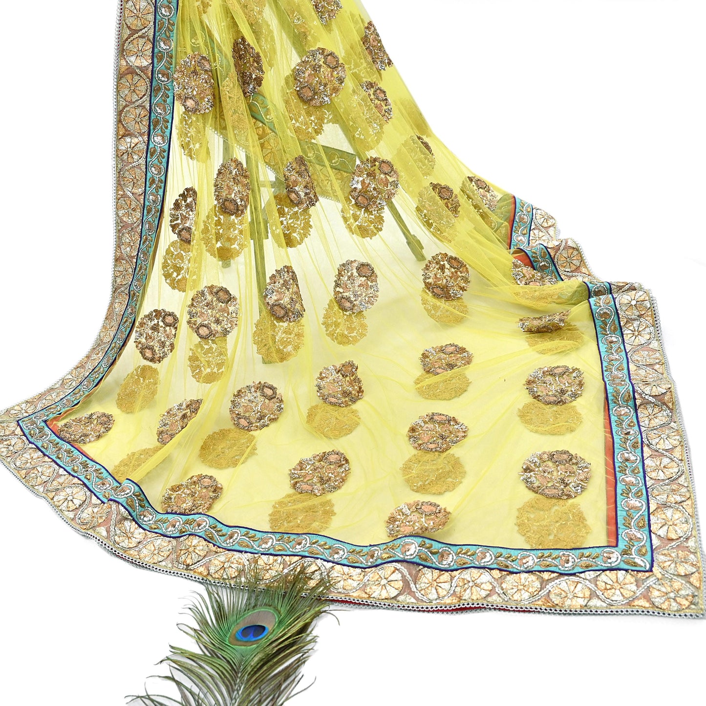 Indian Heavy Wedding Dupatta Lemon Green Net Long Stole Hand Embroidered By Designer Sabyasachi Scarves Zardozi Bridal Veil