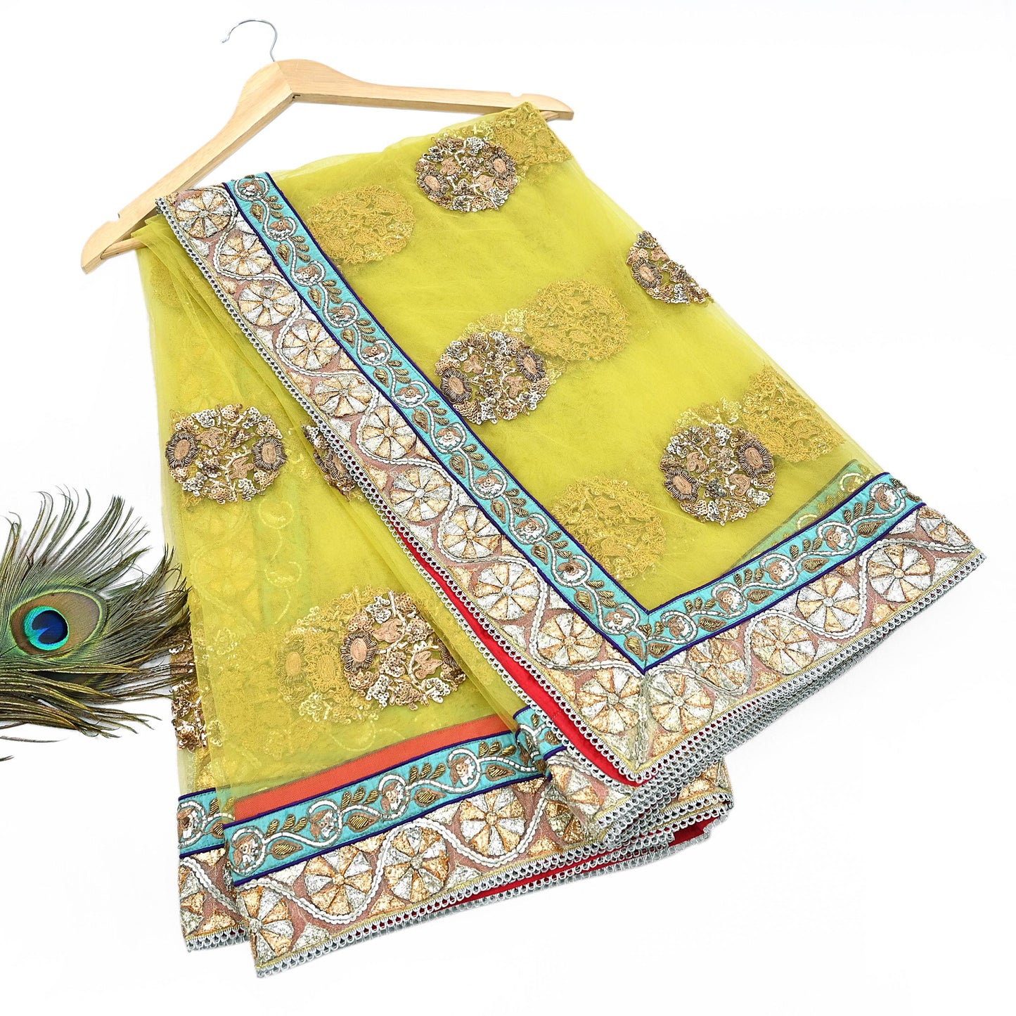 Indian Heavy Wedding Dupatta Lemon Green Net Long Stole Hand Embroidered By Designer Sabyasachi Scarves Zardozi Bridal Veil