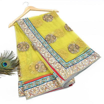 Indian Heavy Wedding Dupatta Lemon Green Net Long Stole Hand Embroidered By Designer Sabyasachi Scarves Zardozi Bridal Veil