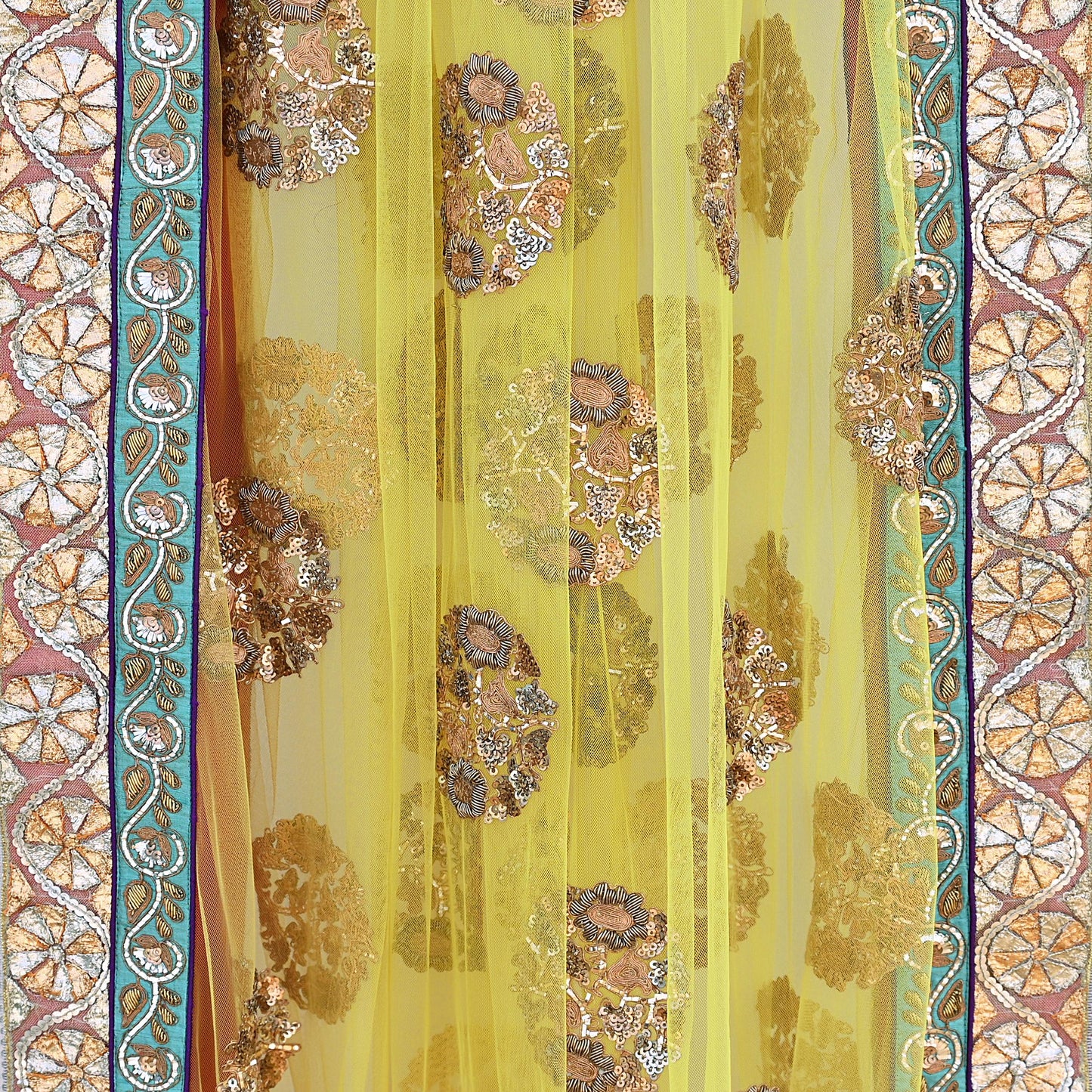 Indian Heavy Wedding Dupatta Lemon Green Net Long Stole Hand Embroidered By Designer Sabyasachi Scarves Zardozi Bridal Veil