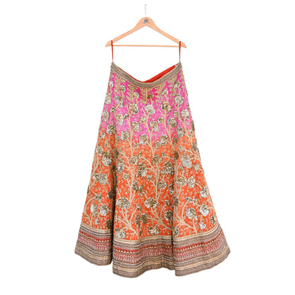 Indian Vintage Orange & Pink Raw Silk Hand Embroidered Skirt Bridal Party Wear Bollywood Lehenga Zardozi/ Dabka, Zari