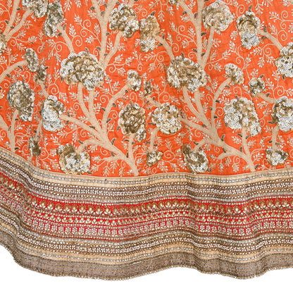 Indian Vintage Orange & Pink Raw Silk Hand Embroidered Skirt Bridal Party Wear Bollywood Lehenga Zardozi/ Dabka, Zari