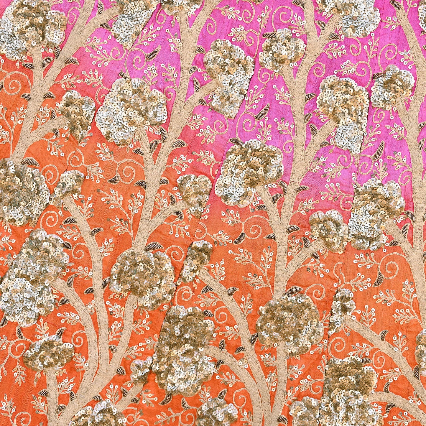 Indian Vintage Orange & Pink Raw Silk Hand Embroidered Skirt Bridal Party Wear Bollywood Lehenga Zardozi/ Dabka, Zari