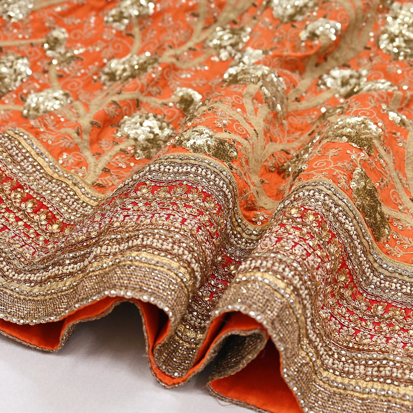 Indian Vintage Orange & Pink Raw Silk Hand Embroidered Skirt Bridal Party Wear Bollywood Lehenga Zardozi/ Dabka, Zari