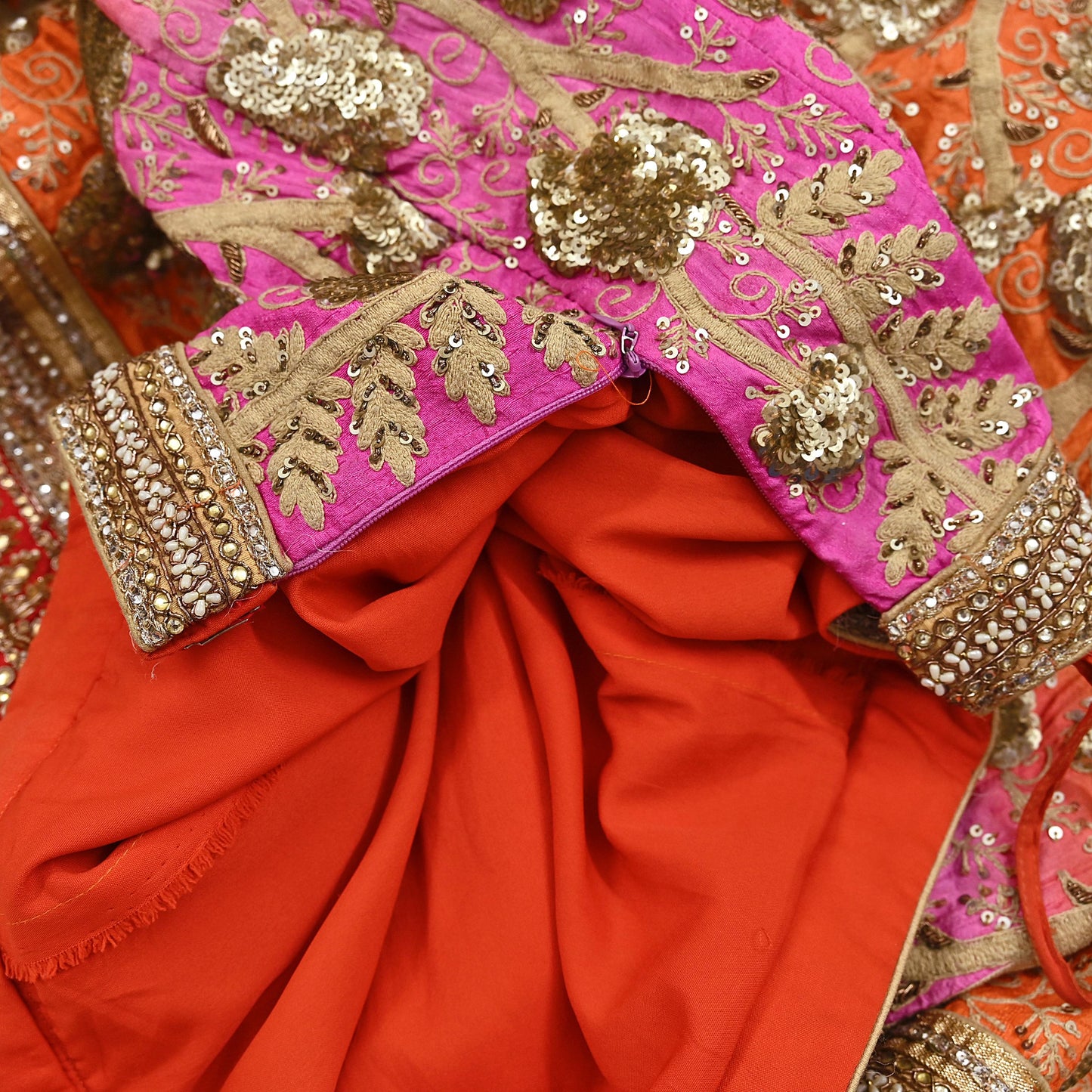 Indian Vintage Orange & Pink Raw Silk Hand Embroidered Skirt Bridal Party Wear Bollywood Lehenga Zardozi/ Dabka, Zari