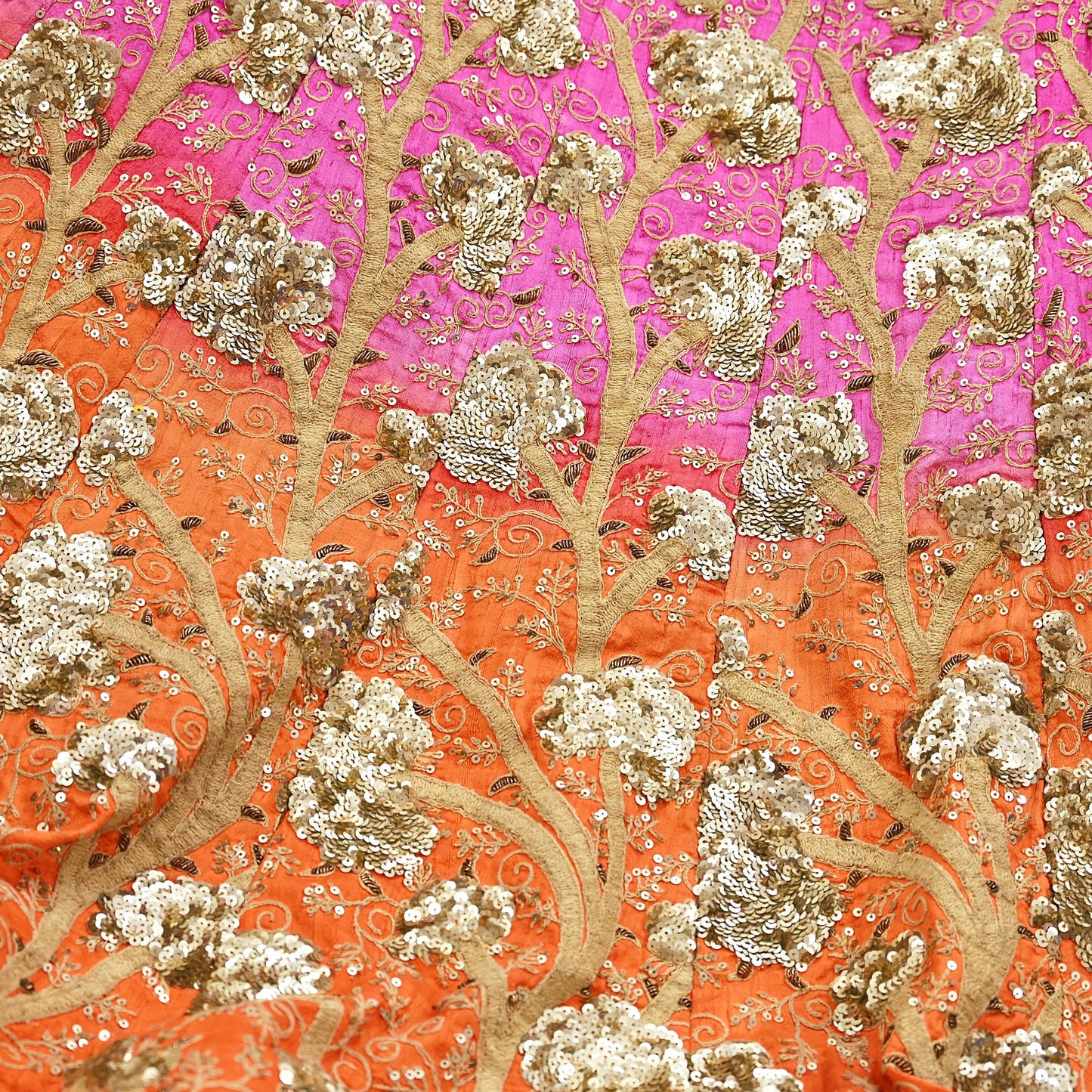 Indian Vintage Orange & Pink Raw Silk Hand Embroidered Skirt Bridal Party Wear Bollywood Lehenga Zardozi/ Dabka, Zari