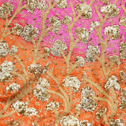 Indian Vintage Orange & Pink Raw Silk Hand Embroidered Skirt Bridal Party Wear Bollywood Lehenga Zardozi/ Dabka, Zari